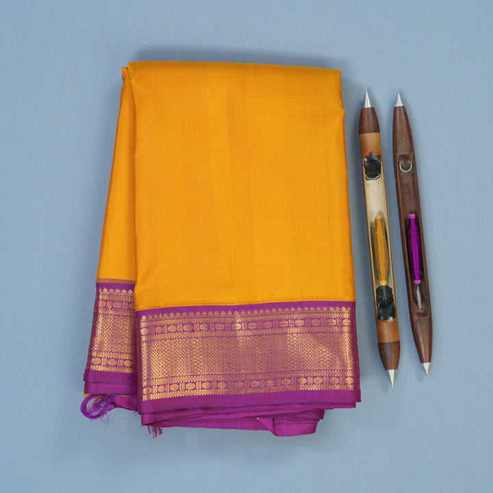 Hayagrivas Handloom Mustard Kanjivaram Silk Saree with Purple Border KBE2535C15-1