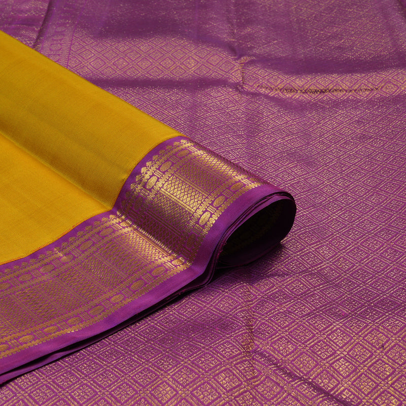 Hayagrivas Handloom Mustard Kanjivaram Silk Saree with Purple Border KBE2535C15-1