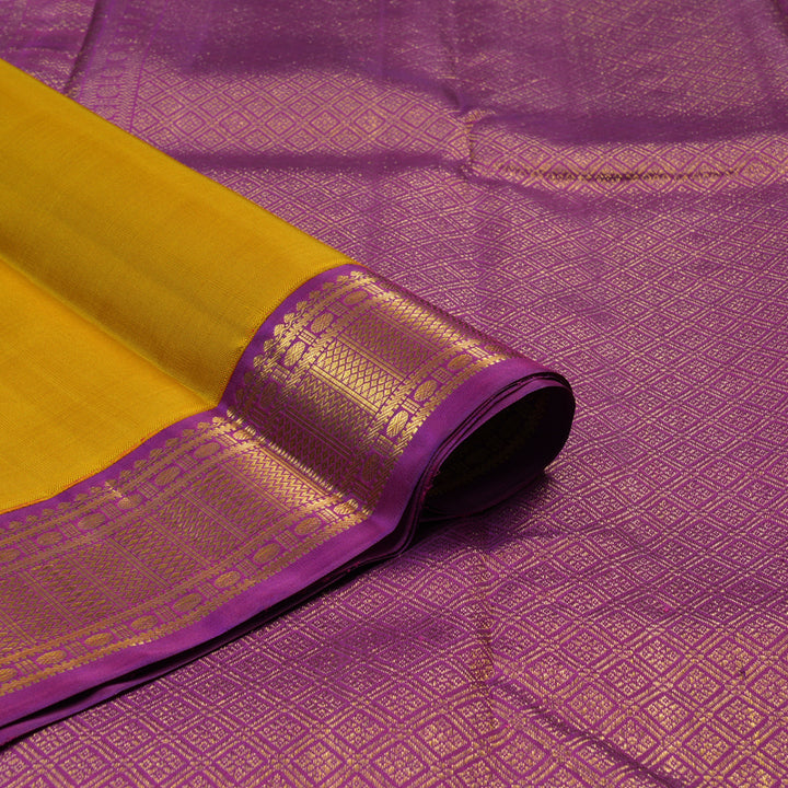 Hayagrivas Handloom Mustard Kanjivaram Silk Saree with Purple Border KBE2535C15-1