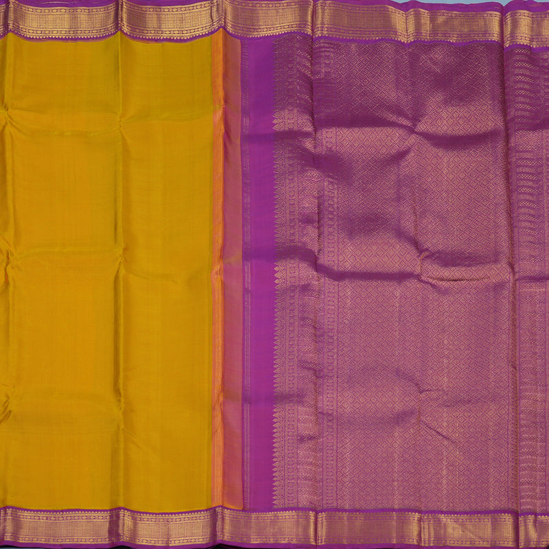 Hayagrivas Handloom Mustard Kanjivaram Silk Saree with Purple Border KBE2535C15-1