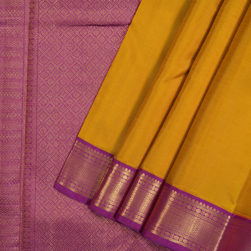Hayagrivas Handloom Mustard Kanjivaram Silk Saree with Purple Border KBE2535C15-1