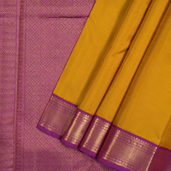 Hayagrivas Handloom Mustard Kanjivaram Silk Saree with Purple Border KBE2535C15-1