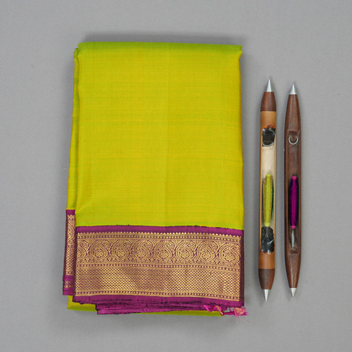 Hayagrivas Handloom Lime Green Kanjivaram Silk Saree with Magenta Border KBE2535C7-1