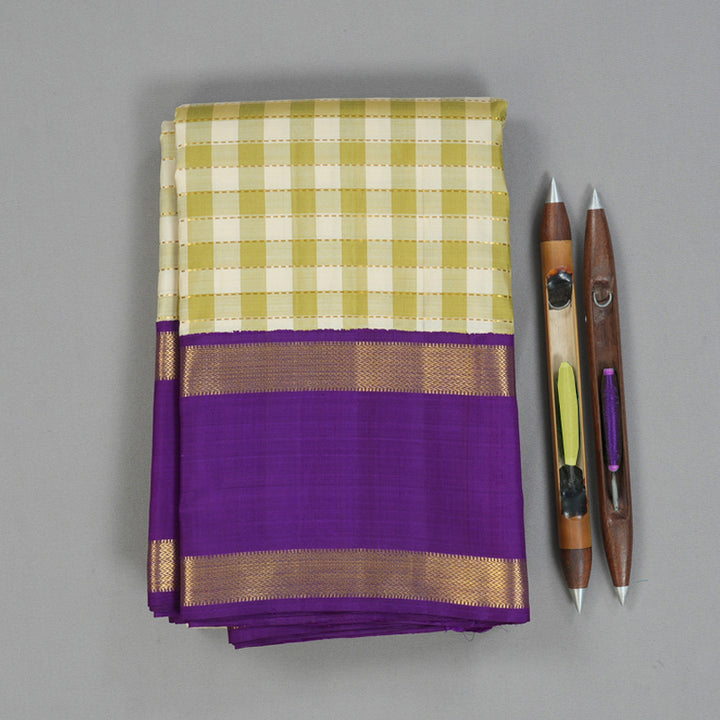 Hayagrivas Handloom Pista Green & Cream Checks Kanjivaram Silk Saree with Purple Border KBE2537C4-1