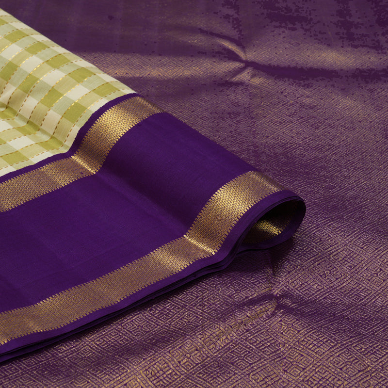 Hayagrivas Handloom Pista Green & Cream Checks Kanjivaram Silk Saree with Purple Border KBE2537C4-1