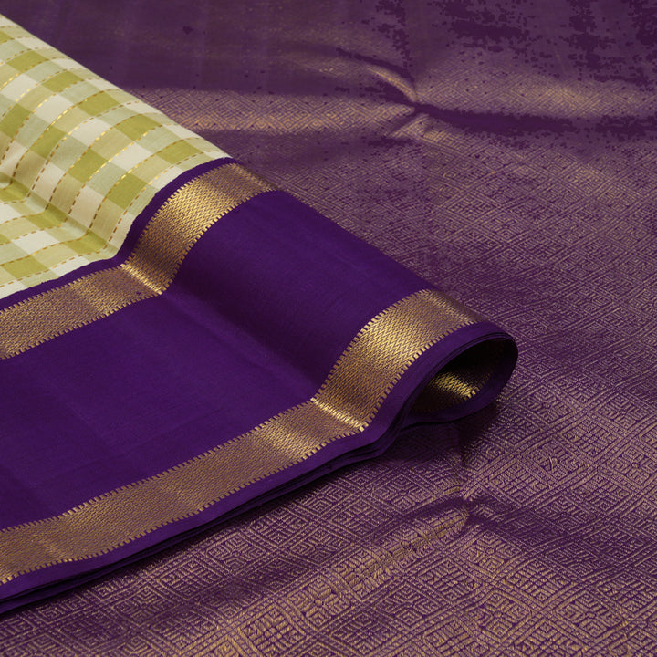 Hayagrivas Handloom Pista Green & Cream Checks Kanjivaram Silk Saree with Purple Border KBE2537C4-1