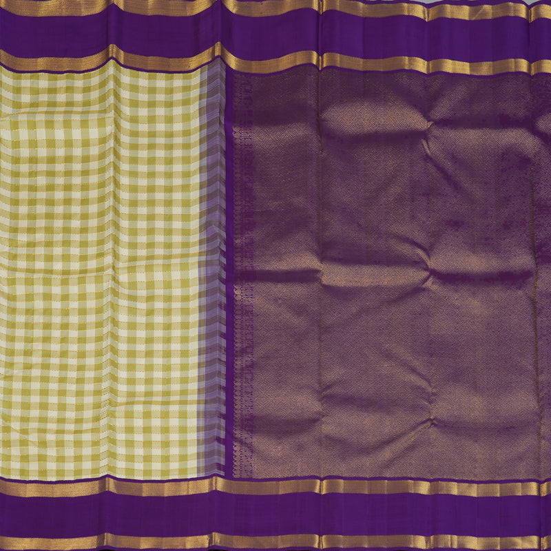 Hayagrivas Handloom Pista Green & Cream Checks Kanjivaram Silk Saree with Purple Border KBE2537C4-1