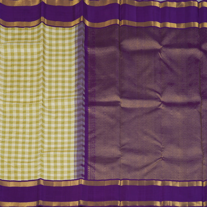 Hayagrivas Handloom Pista Green & Cream Checks Kanjivaram Silk Saree with Purple Border KBE2537C4-1