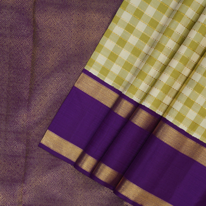 Hayagrivas Handloom Pista Green & Cream Checks Kanjivaram Silk Saree with Purple Border KBE2537C4-1