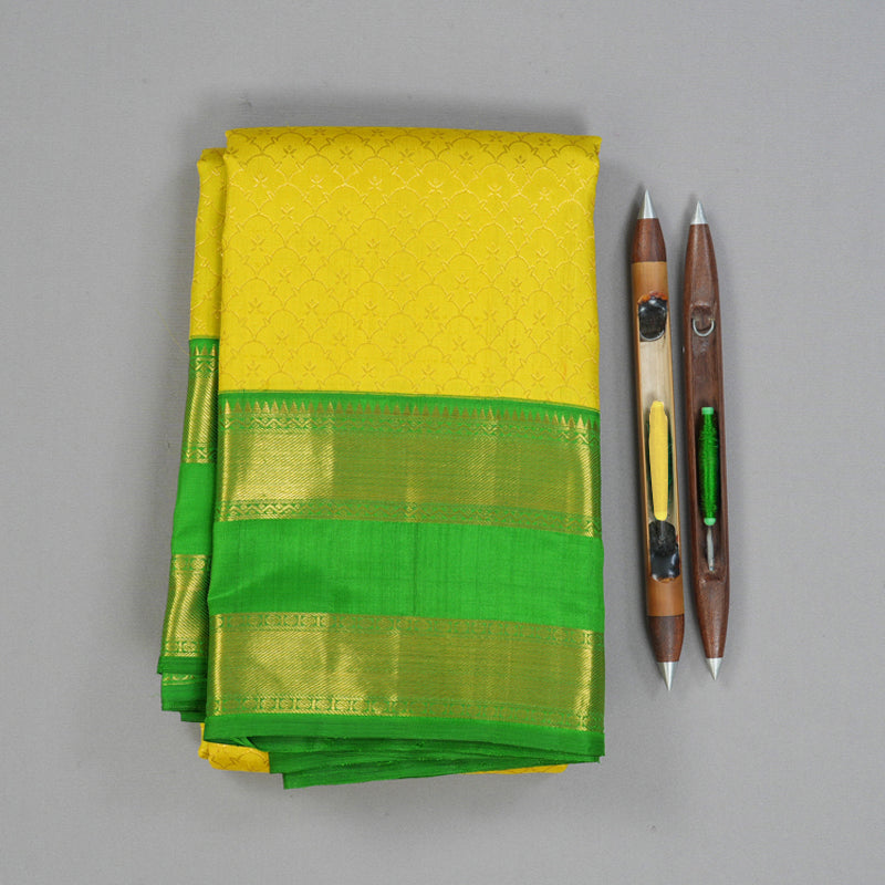 Hayagrivas Handloom Lime Yellow Kanjivaram Silk Saree with Parrot Green Border KBE2537C6-1
