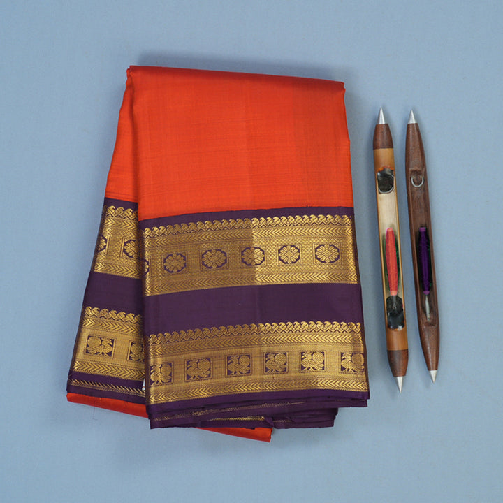 Hayagrivas Handloom Reddish-Orange Kanjivaram Silk Saree with Nagapazham Border KBE2550C1-2