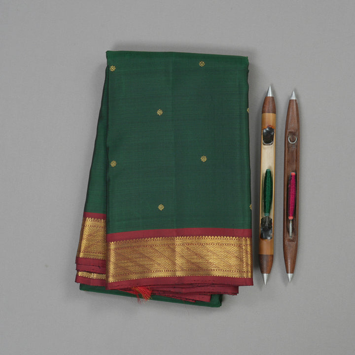 Hayagrivas Bottle Green Handloom Kanjivaram Silk Saree with Maroon Border KBE256D3-1