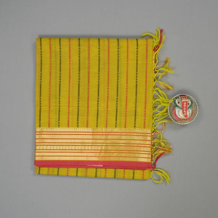 Hayagrivas Handloom Lemon Yellow Pure Silk Cotton Saree with Lemon Yellow & Red Edging Border KBE258E9-1