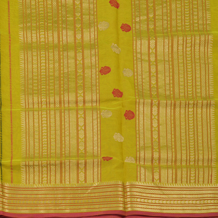 Hayagrivas Handloom Lemon Yellow Pure Silk Cotton Saree with Lemon Yellow & Red Edging Border KBE258E9-1