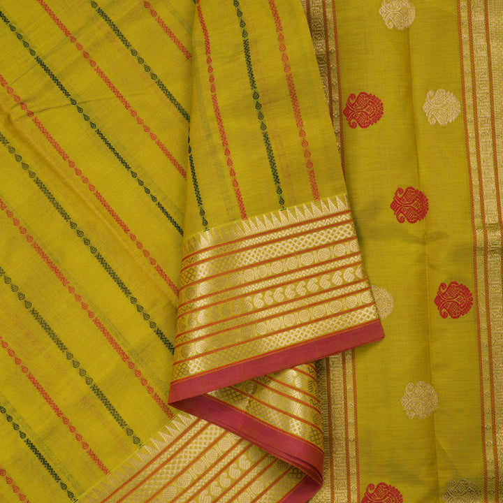 Hayagrivas Handloom Lemon Yellow Pure Silk Cotton Saree with Lemon Yellow & Red Edging Border KBE258E9-1