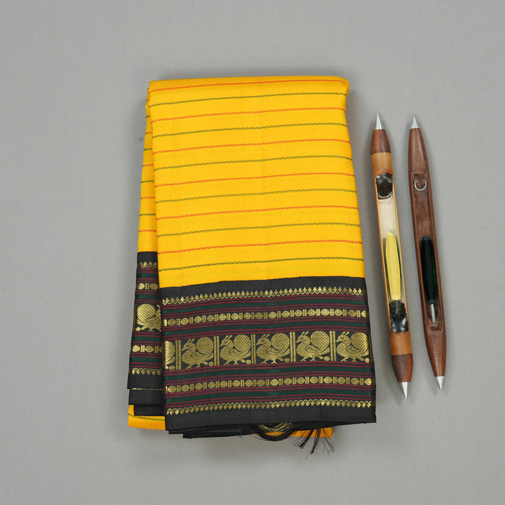 Hayagrivas Yellow Handloom Kanjivaram Silk Saree with Black Border KBE25D6-1