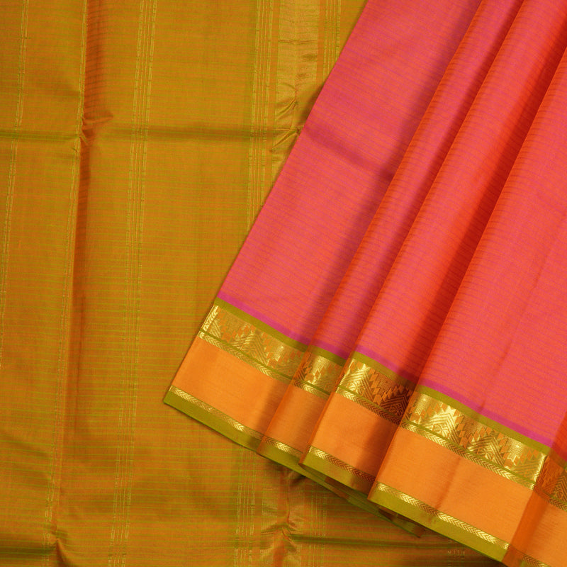 Hayagrivas Orangish Pink Handloom Kanjivaram Silk Saree with Honey Yellow Border KBE263E1-10