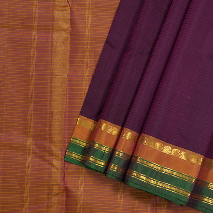 Hayagrivas Dark Purple Handloom Kanjivaram Silk Saree with Honey Mustard And Green Border KBE263E1-12