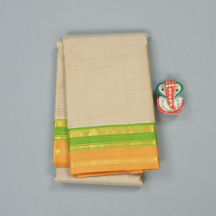 Hayagrivas Beige Handloom Kanjivaram Silk Saree with Fluorescent Green And Orange Border KBE263E1-6