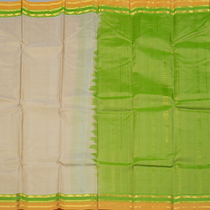 Hayagrivas Beige Handloom Kanjivaram Silk Saree with Fluorescent Green And Orange Border KBE263E1-6