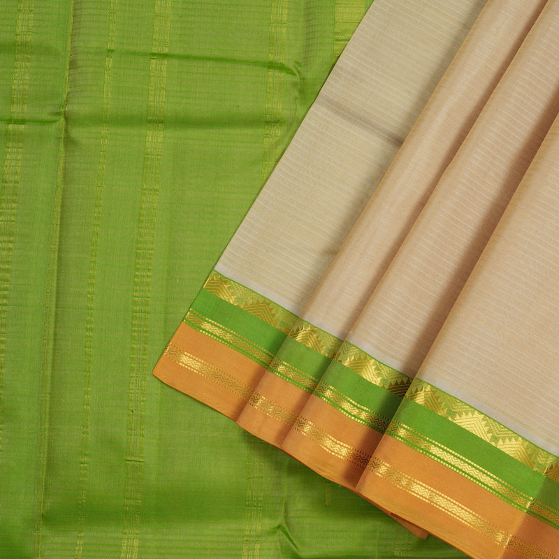 Hayagrivas Beige Handloom Kanjivaram Silk Saree with Fluorescent Green And Orange Border KBE263E1-6