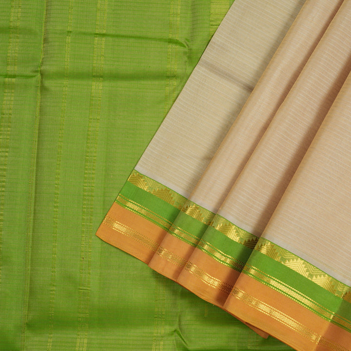 Hayagrivas Beige Handloom Kanjivaram Silk Saree with Fluorescent Green And Orange Border KBE263E1-6
