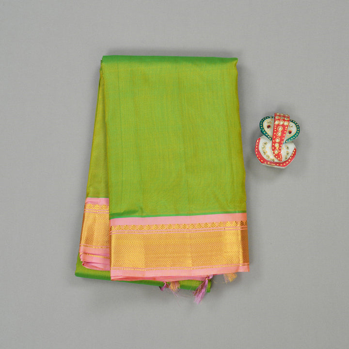 Hayagrivas Fluorescent Green Handloom Kanjivaram Silk Saree with Peach Pink Border KBE264E1-3
