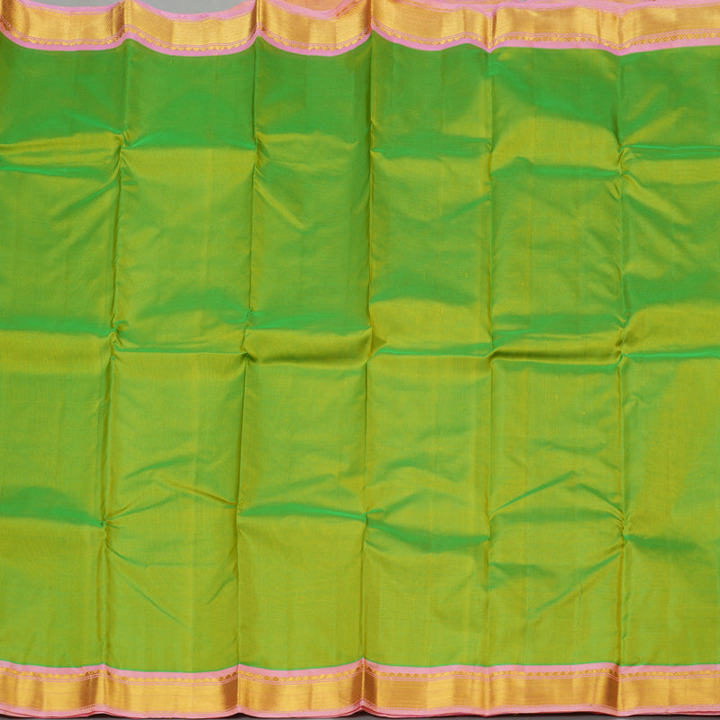 Hayagrivas Fluorescent Green Handloom Kanjivaram Silk Saree with Peach Pink Border KBE264E1-3