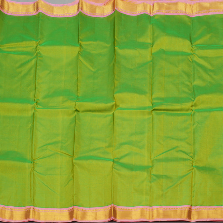Hayagrivas Fluorescent Green Handloom Kanjivaram Silk Saree with Peach Pink Border KBE264E1-3