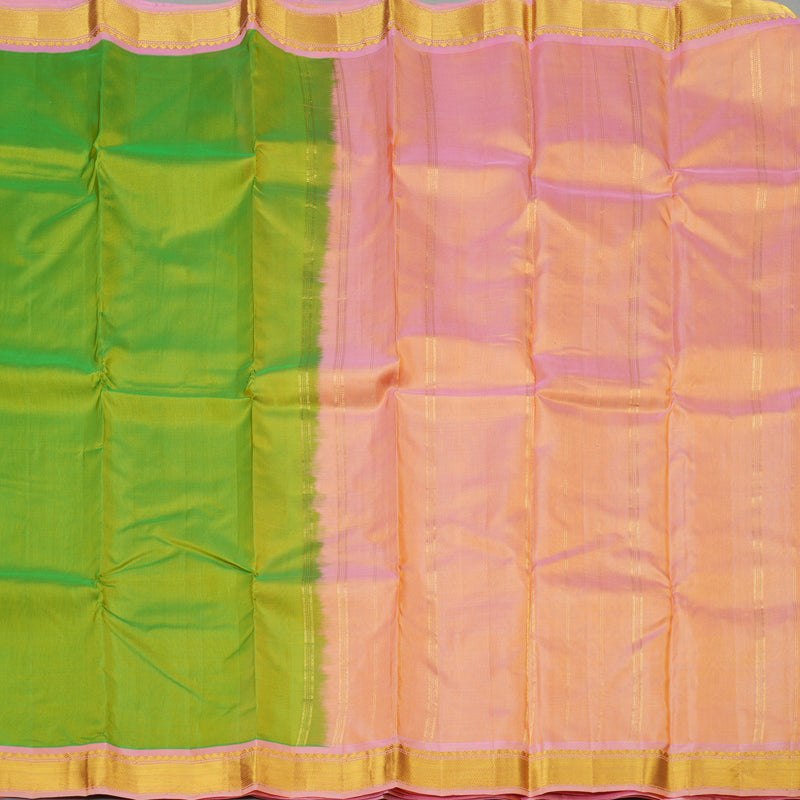 Hayagrivas Fluorescent Green Handloom Kanjivaram Silk Saree with Peach Pink Border KBE264E1-3