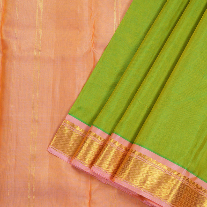 Hayagrivas Fluorescent Green Handloom Kanjivaram Silk Saree with Peach Pink Border KBE264E1-3