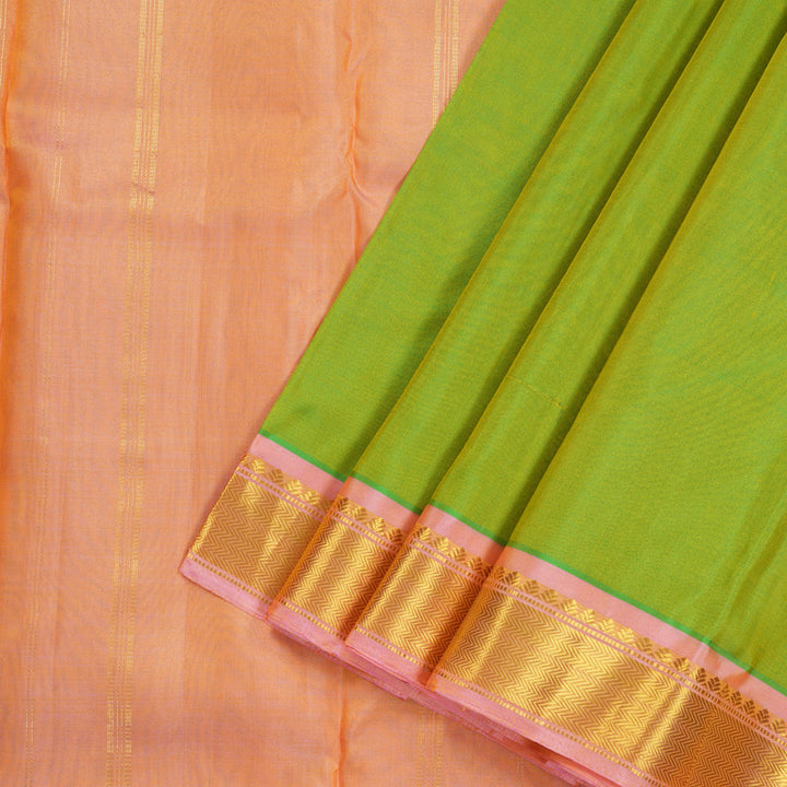 Hayagrivas Fluorescent Green Handloom Kanjivaram Silk Saree with Peach Pink Border KBE264E1-3