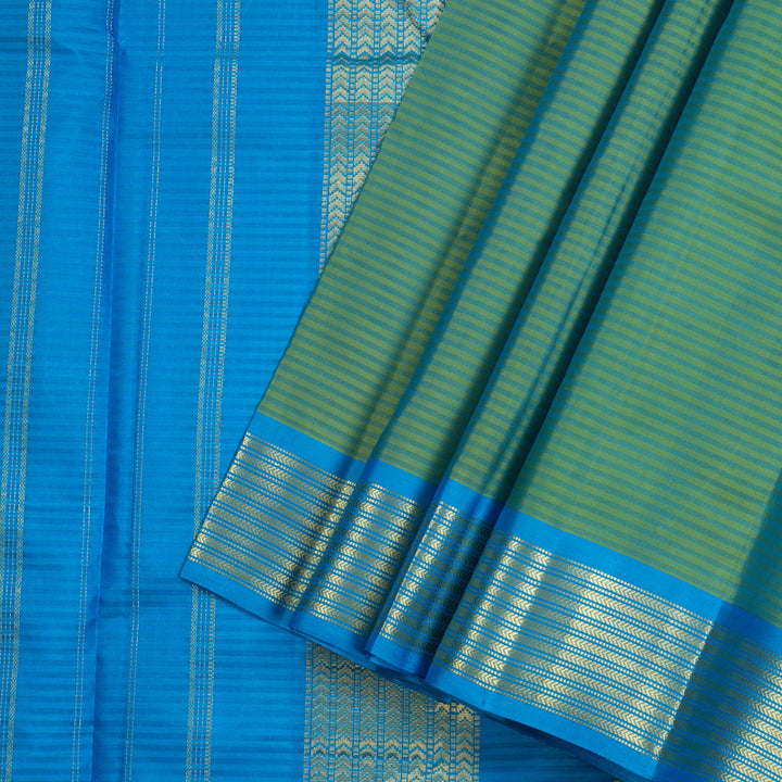 Hayagrivas Dual Tone (Green With Sky Blue) Handloom Kanjivaram Silk Saree with Sky Blue Border KBE267E1-16