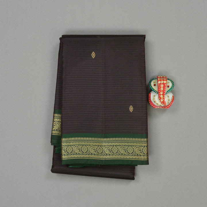 Hayagrivas Dark Brown Handloom Kanjivaram Silk Saree with Bottle Green Border KBE267E2-10