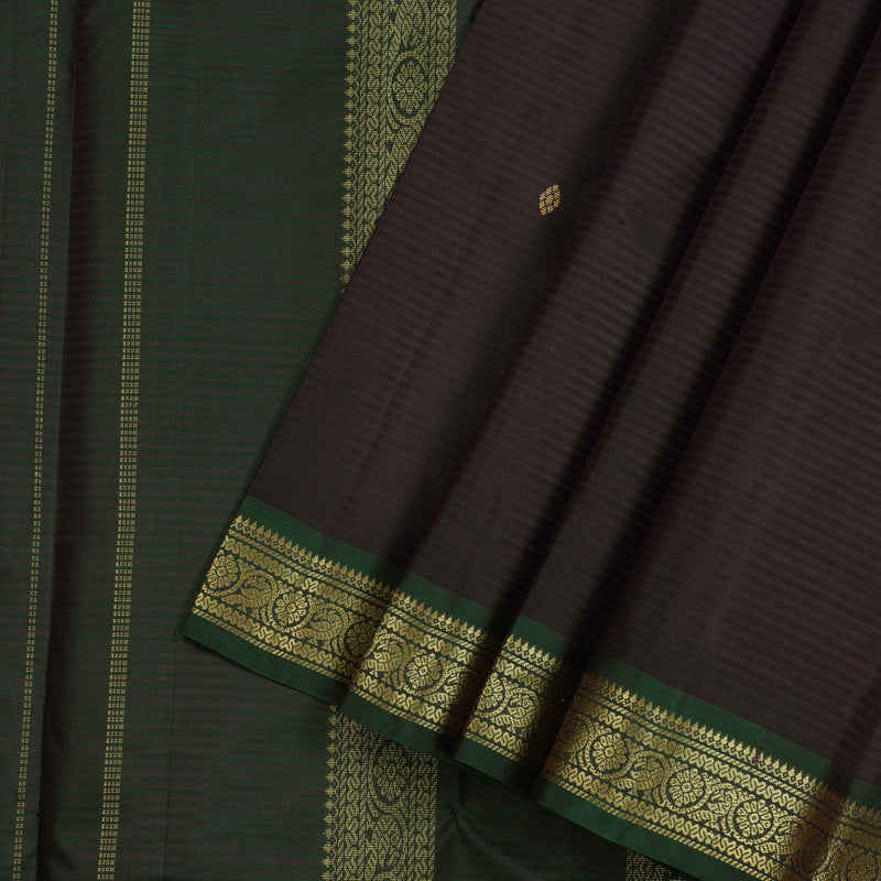 Hayagrivas Dark Brown Handloom Kanjivaram Silk Saree with Bottle Green Border KBE267E2-10