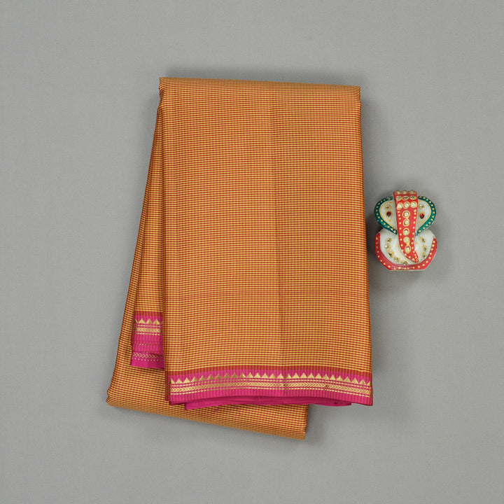 Hayagrivas Honey Mustard Handloom Kanjivaram Silk Saree with Pink Border KBE267E5-3