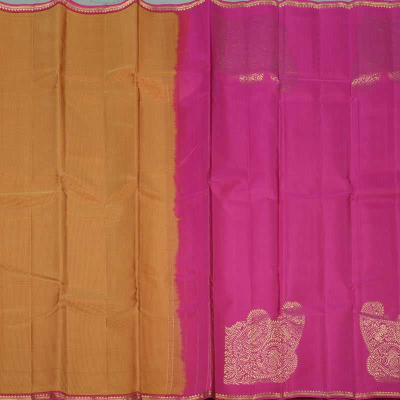 Hayagrivas Honey Mustard Handloom Kanjivaram Silk Saree with Pink Border KBE267E5-3