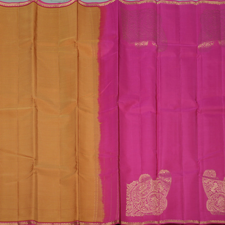 Hayagrivas Honey Mustard Handloom Kanjivaram Silk Saree with Pink Border KBE267E5-3