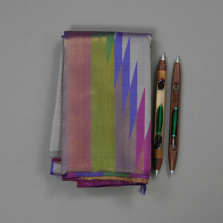 Hayagrivas Bluish Grey Handloom Kanjivaram Silk Saree with Multi Colour Border KBE270E4-1