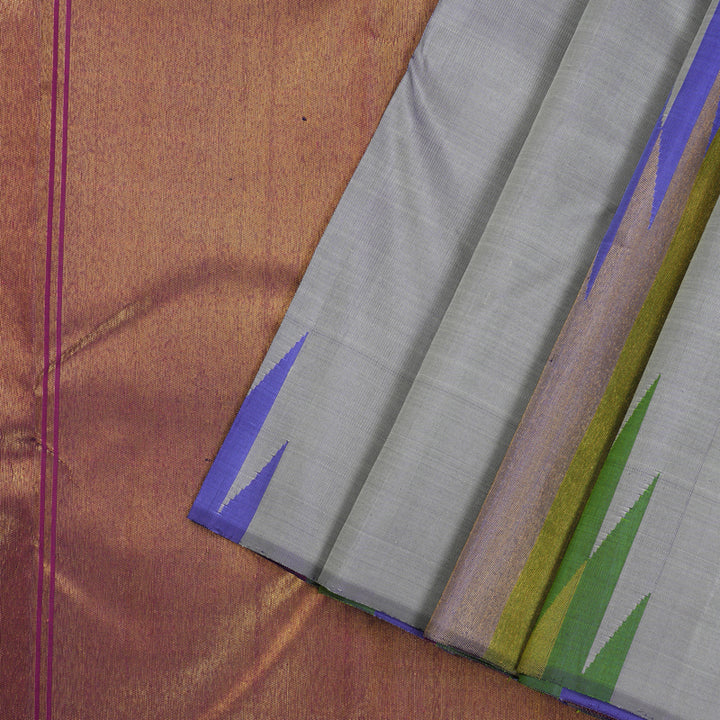 Hayagrivas Bluish Grey Handloom Kanjivaram Silk Saree with Multi Colour Border KBE270E4-1