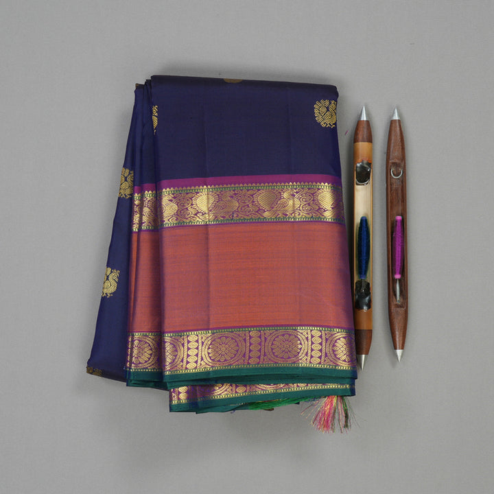 Hayagrivas Handloom Kanjivaram silk saree in Dark blue with Retta pet burnt orange KBE280E2-4