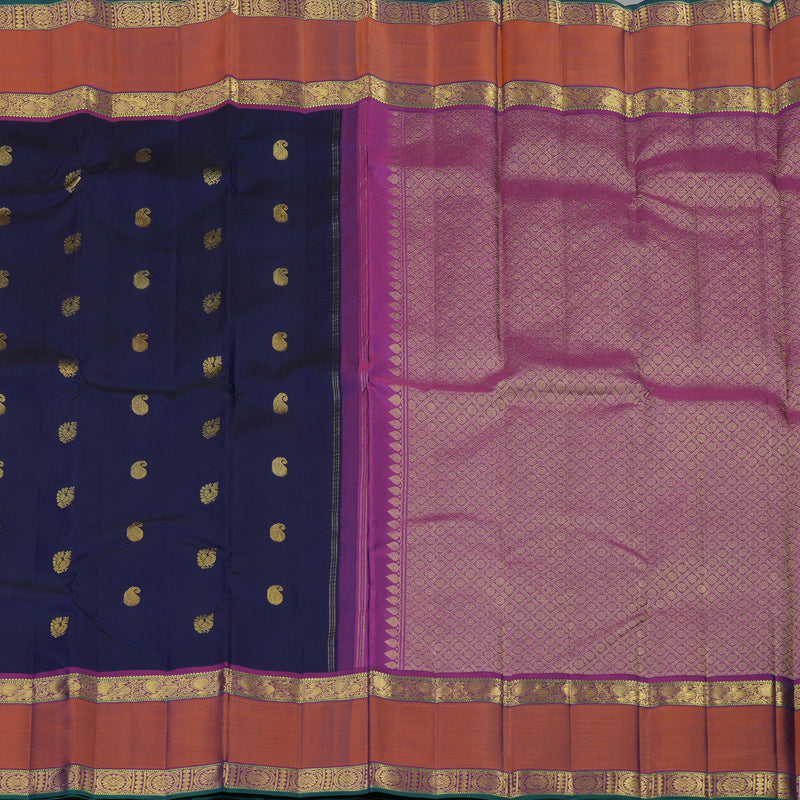Hayagrivas Handloom Kanjivaram silk saree in Dark blue with Retta pet burnt orange KBE280E2-4