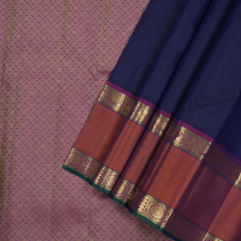 Hayagrivas Handloom Kanjivaram silk saree in Dark blue with Retta pet burnt orange KBE280E2-4