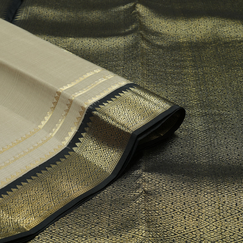 Hayagrivas Beige Handloom Kanjivaram Silk Saree with Black Border KBE281E10-5