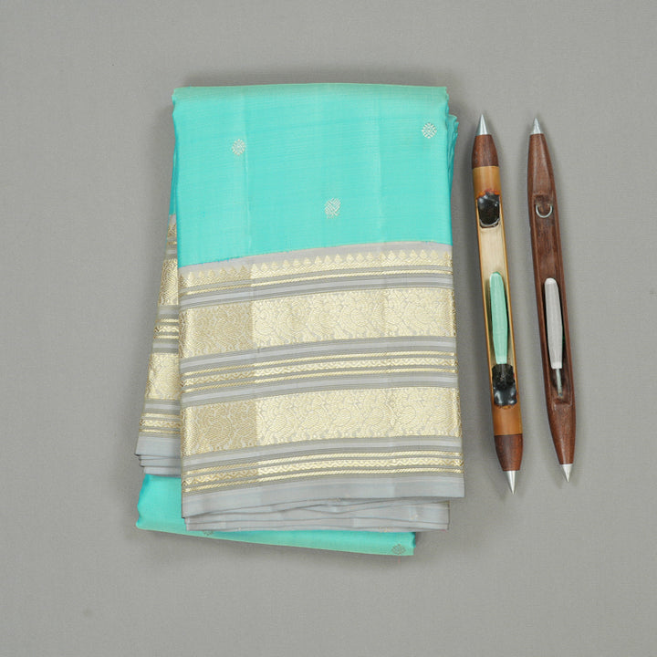 Hayagrivas Sky Blue Handloom Kanjivaram Silk Saree with Silver Grey Border KBE281E11-2