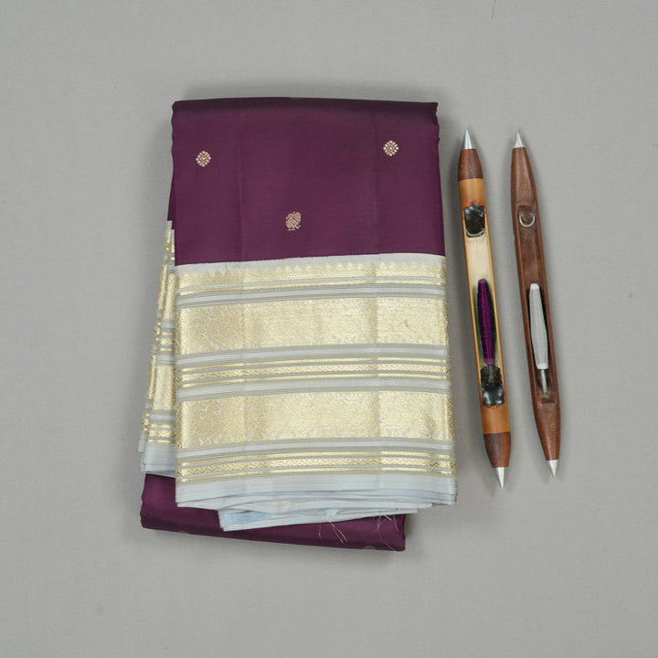 Hayagrivas Dark Purple Handloom Kanjivaram Silk Saree with Silver Grey Border KBE281E11-3
