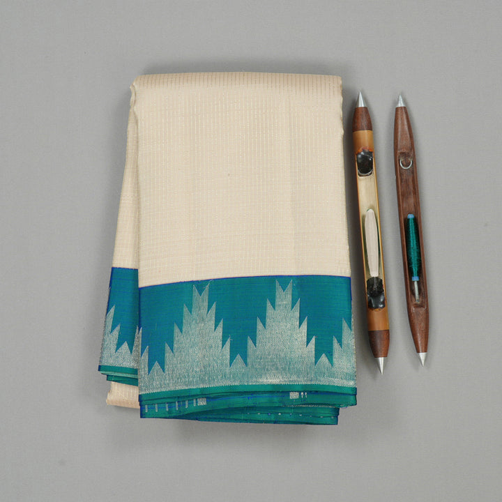 Hayagrivas Half White Handloom Kanjivaram Silk Saree with Peacock Blue Border KBE281E14-1