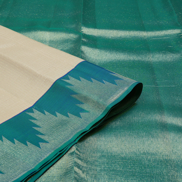 Hayagrivas Half White Handloom Kanjivaram Silk Saree with Peacock Blue Border KBE281E14-1