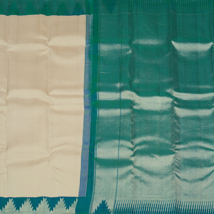 Hayagrivas Half White Handloom Kanjivaram Silk Saree with Peacock Blue Border KBE281E14-1