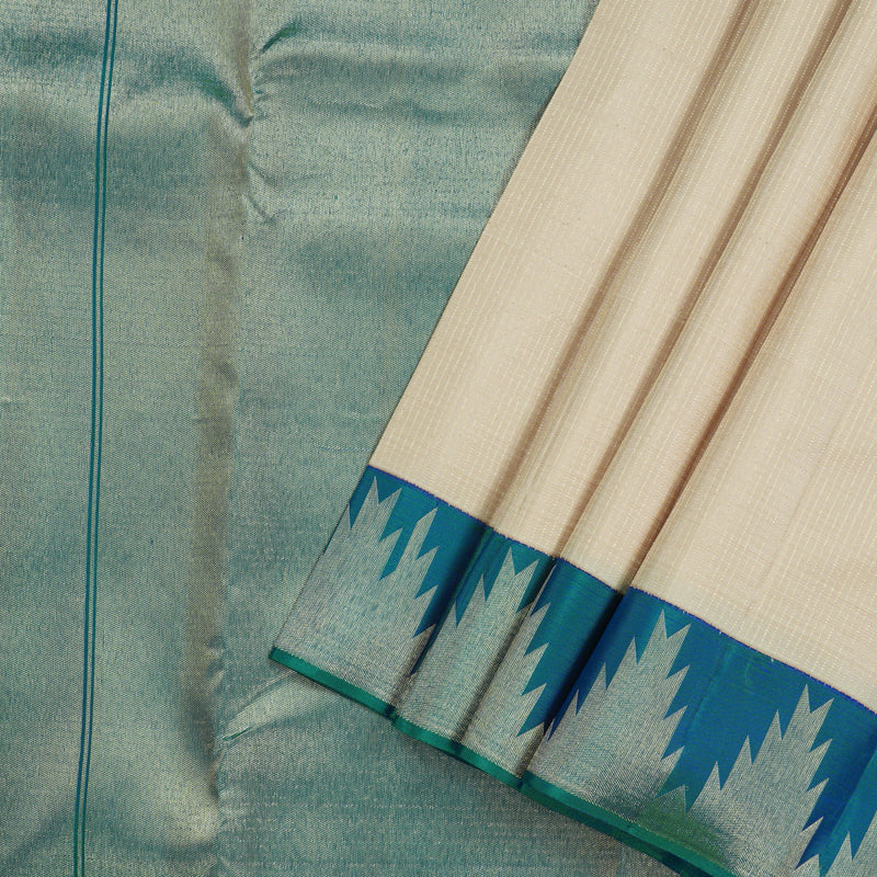 Hayagrivas Half White Handloom Kanjivaram Silk Saree with Peacock Blue Border KBE281E14-1